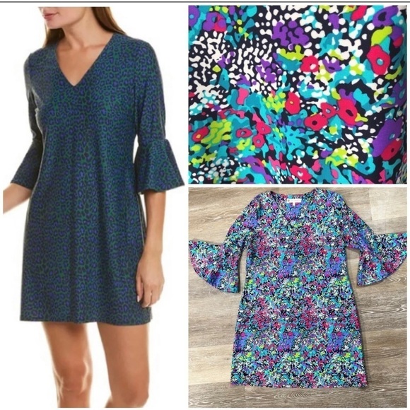 Jude Connally Sz S Lyla Watercolor Floral Print Bell Sleeve Shift V Neck Dress - Picture 1 of 9